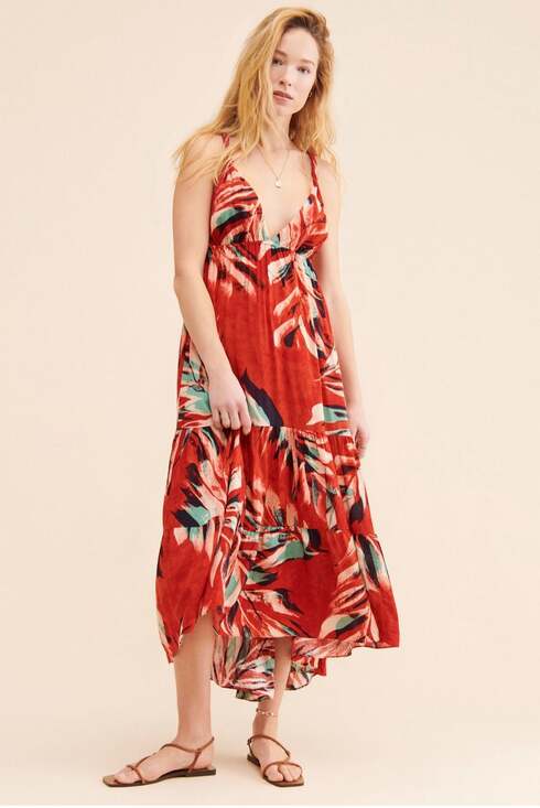 Anthropologie Dresses & Skirts - Anthropologie  Red Tropical Print Deep V-Neck Tiered Maxi Dress tropical goddess
